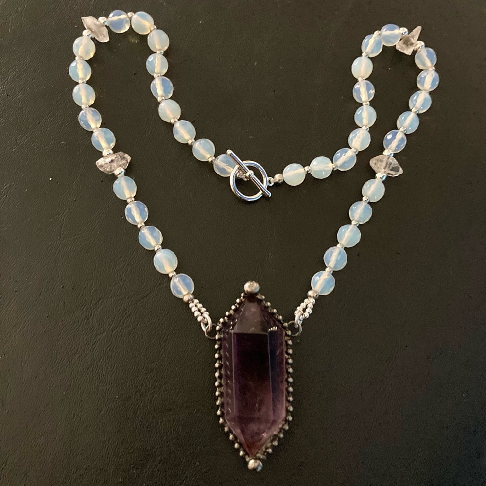 Amethyst , Herkimer diamonds crystal quartz & blue opalite beads boho necklace - Picture 14 of 16